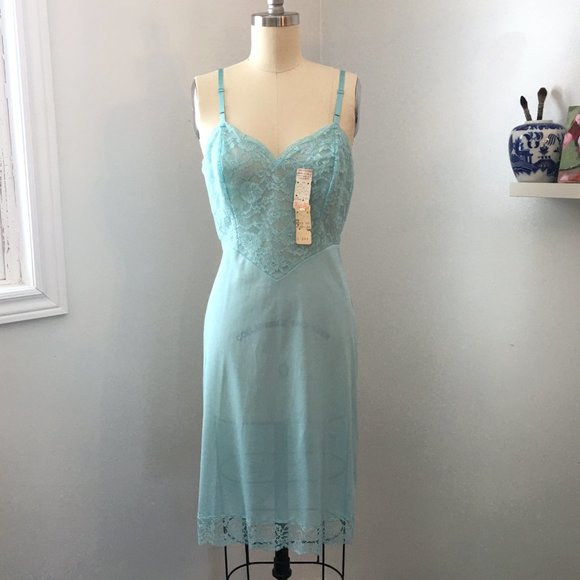 Vintage 50s Robin's Egg Blue Lace Full Slip, NWT, 34" Bust, Slip Dress - Picture 2 of 16